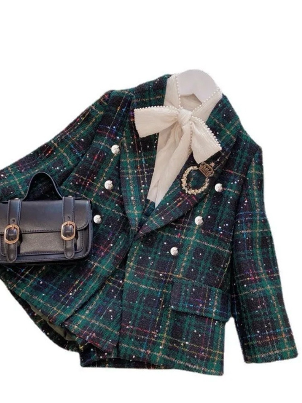 Girls' Dark Green Plaid Tweed 2 piece Blazer with Skort Set Sz 10-12 - Picture 3 of 16